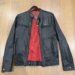 Superdry Black Leather Jacket with Red Lining